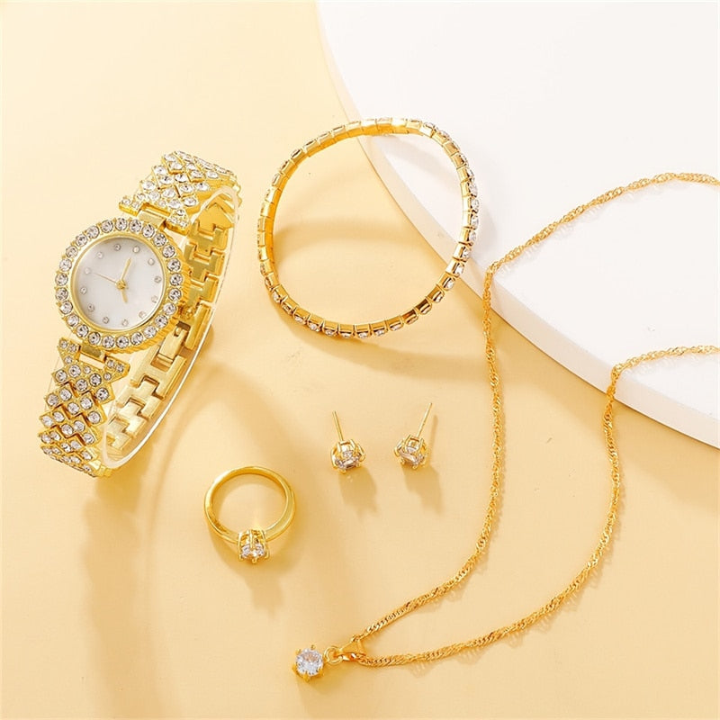 6PCS Set Luxury Watch Women Ring Necklace Earring Rhinestone Fashion Wristwatch image 5