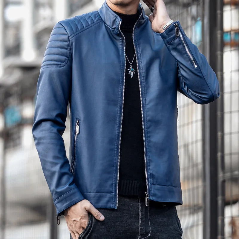 Motorcycle PU Leather Jacket Men Winter Leahter Jacket Male Stand Collar Casual image 4