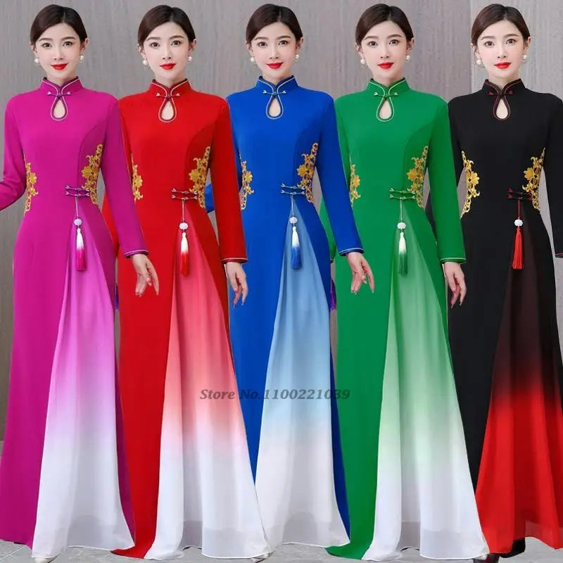 2024 vietnam traditional dress aodai chinese improved qipao national flower emb image 1