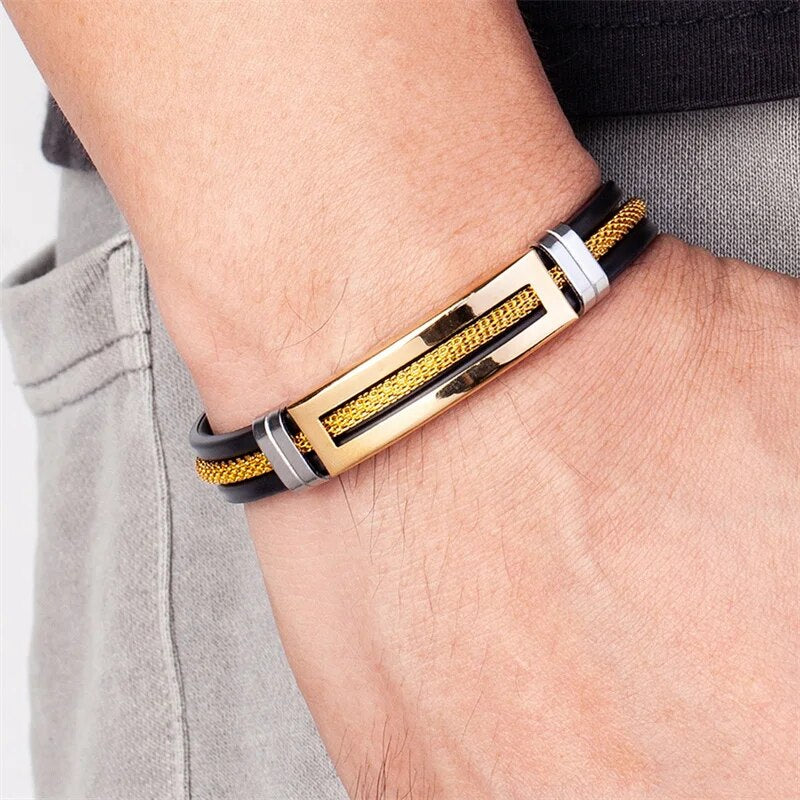 Golden Chain Stainless Steel Bracelets for Men Women Teens Black Rubber Belt Wr image 1