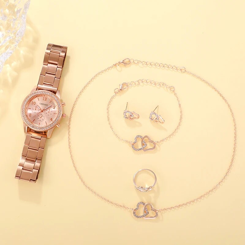 6PCS Set Rose Gold Luxury Watch Women Ring Necklace Earring Rhinestone Fashion image 5