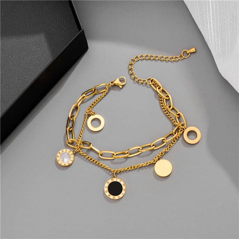 MEYRROYU Stainless Steel Layered Golden Pendant Bracelet For Women Retro image 2