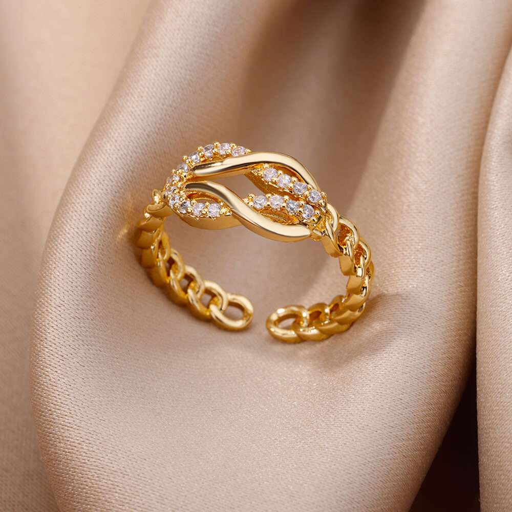 Fashion Gold Color Stainless Steel Rings For Women Chain Hollow Out Crystal Zir image 18