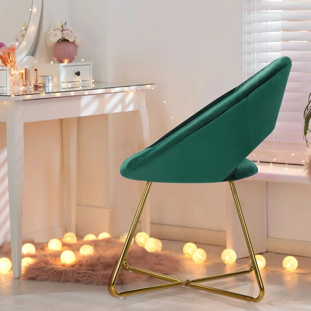 Accent Velvet Chair Dining Arm Chair Make-up Stool W/Golden Metal Leg Dark Gree image 5