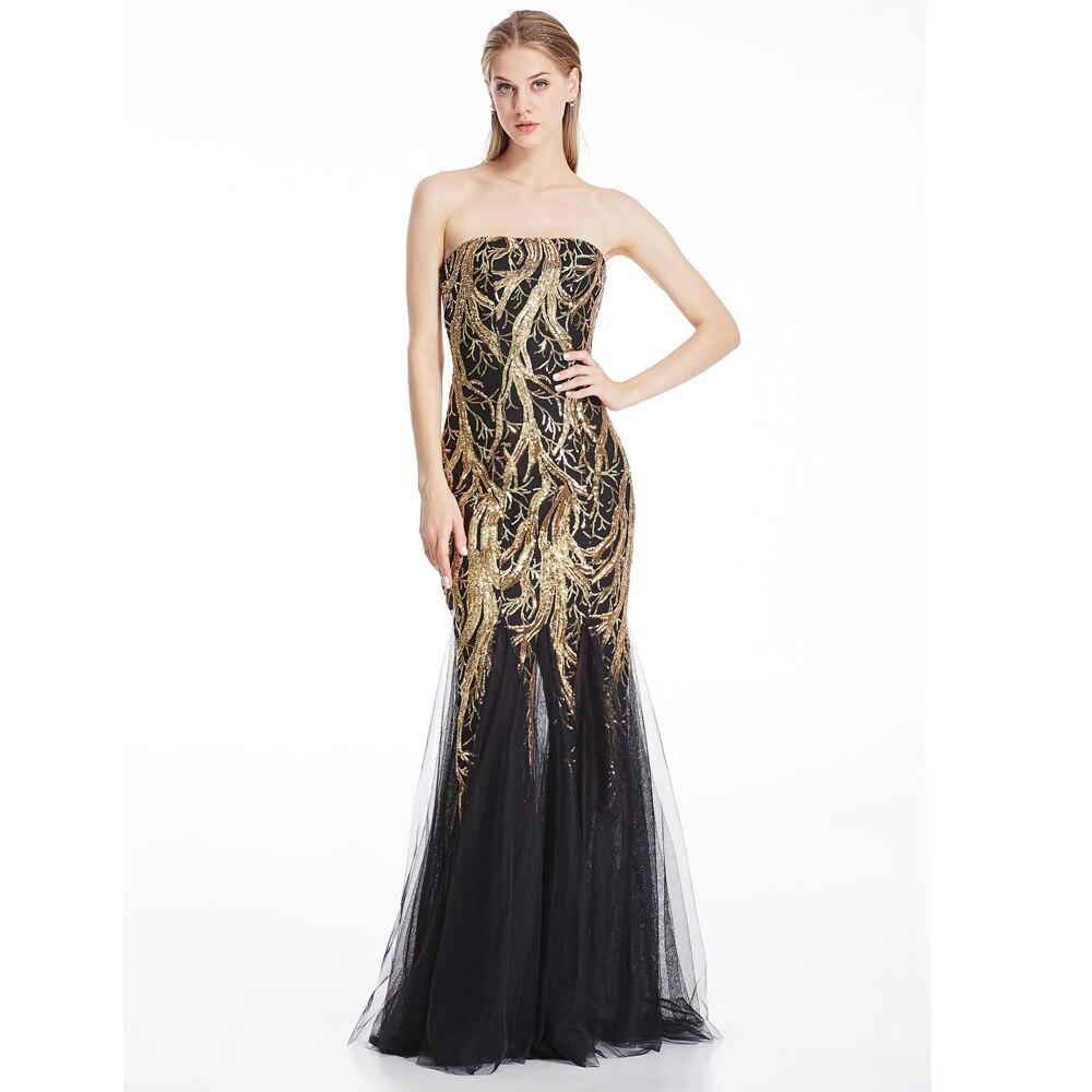 Angel-fashions Strapless Gold Sequin Zipper Side Evening Dresses Lace Up Back image 1