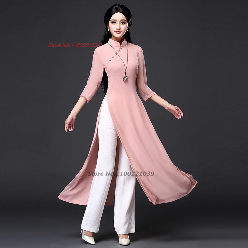 2024 traditional folk style aodai dress+pants set vietnam chiffon aodai elegant image 10