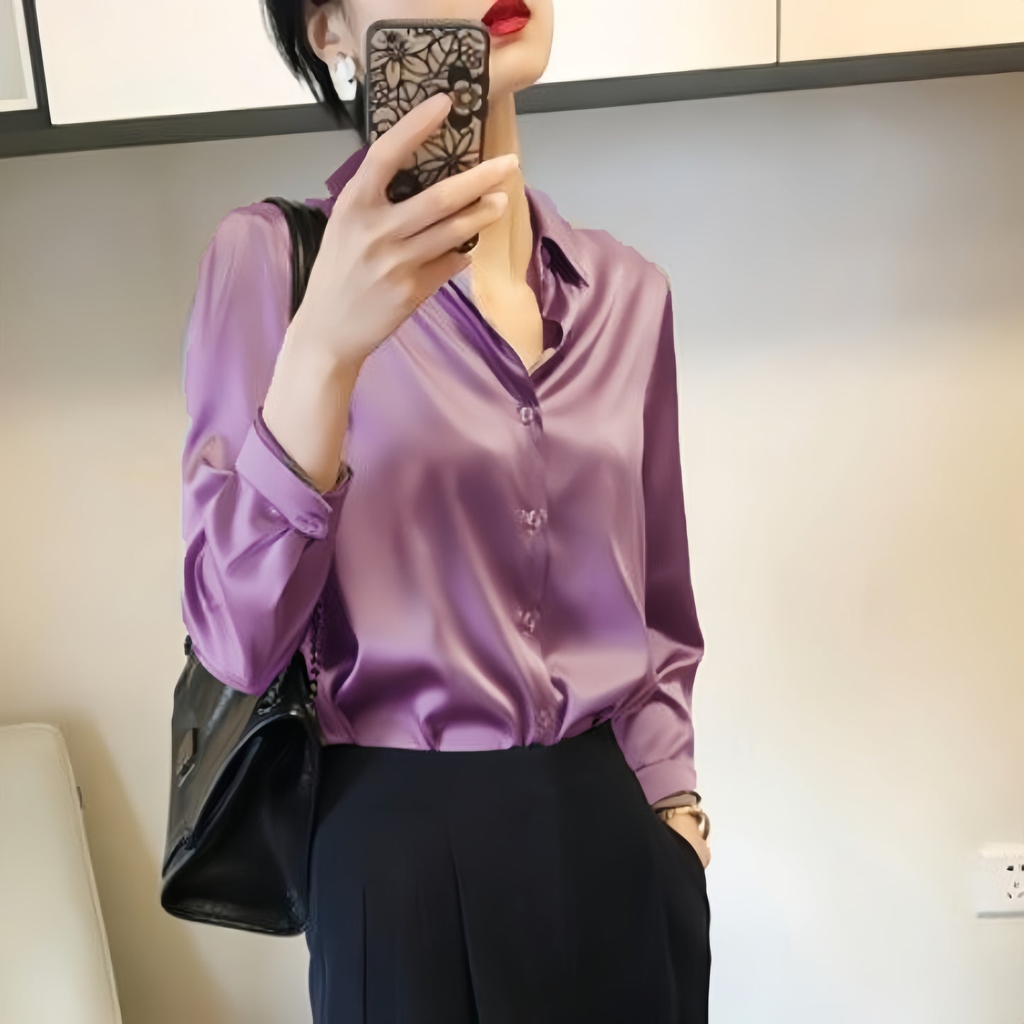 All-match Satin Finish Shirts And Blouses Women Clothing Casual Top OL Long Sle image 4