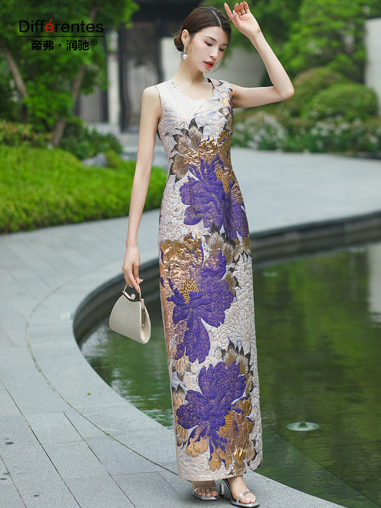 2024 Summer Jacquard Dress Pencil Straight Dress O-neck Sleeveless Party Evenin image 2