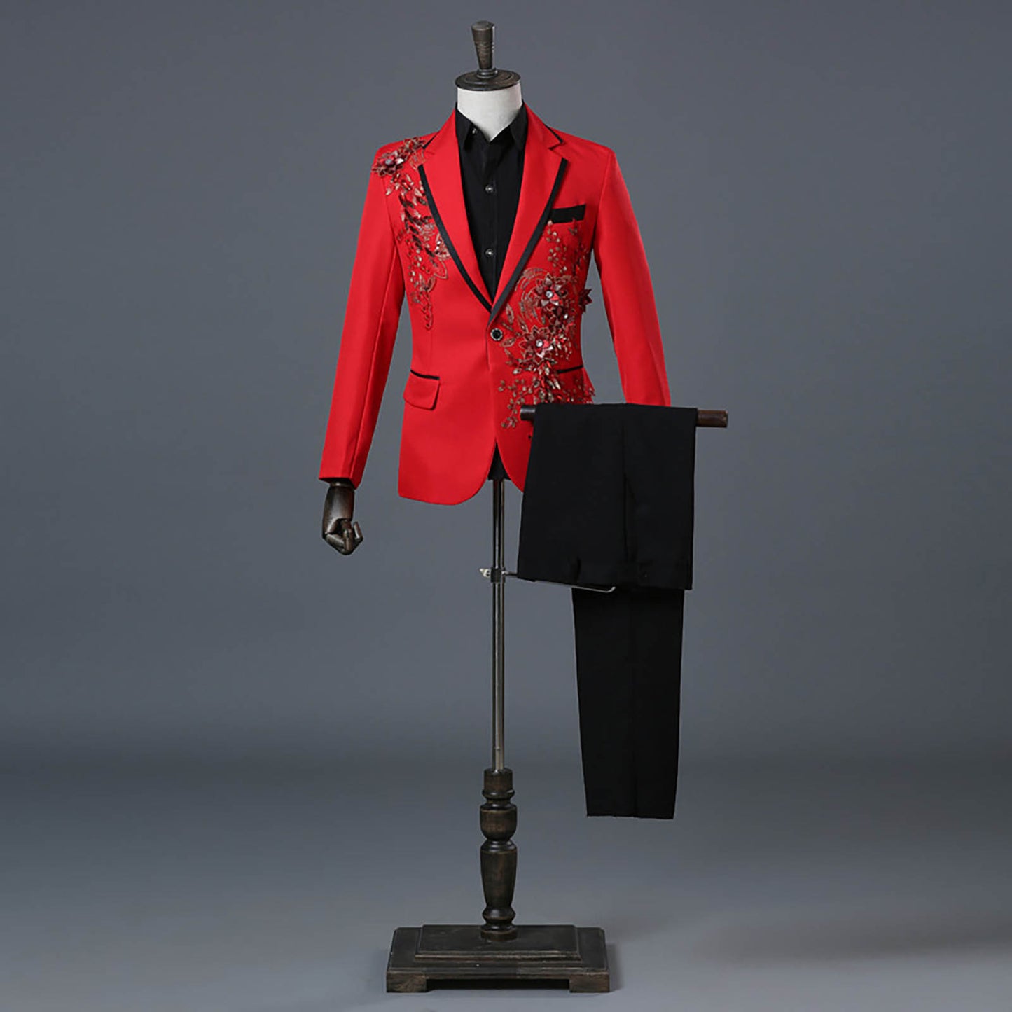 Floral Embroider Men's Suits Singer Nightclub Wedding Party Host One Button Sli image 4