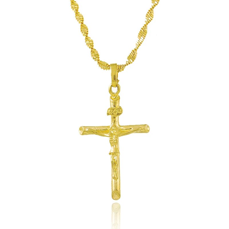 Real 24K Gold Color Cross Pendant & Necklace For Men/Women Gold Chain Religious image 1