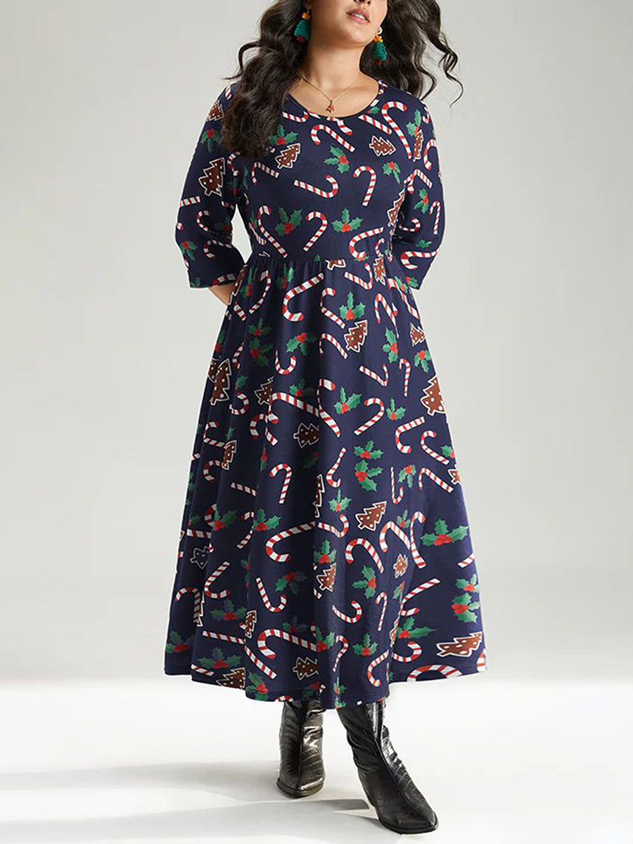 Women Plus Size Dress Snowflake Print V-Neck Sleeveless Maxi Dress Winter Elega image 3