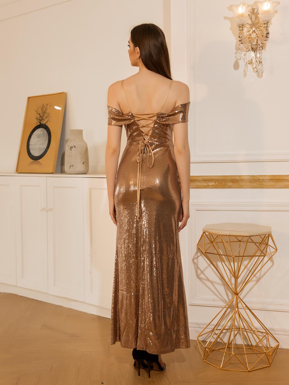 Angel-Fashions Off Shoulder Cut Out Slit Lace Back Mermaid Gold Prom Dress image 2