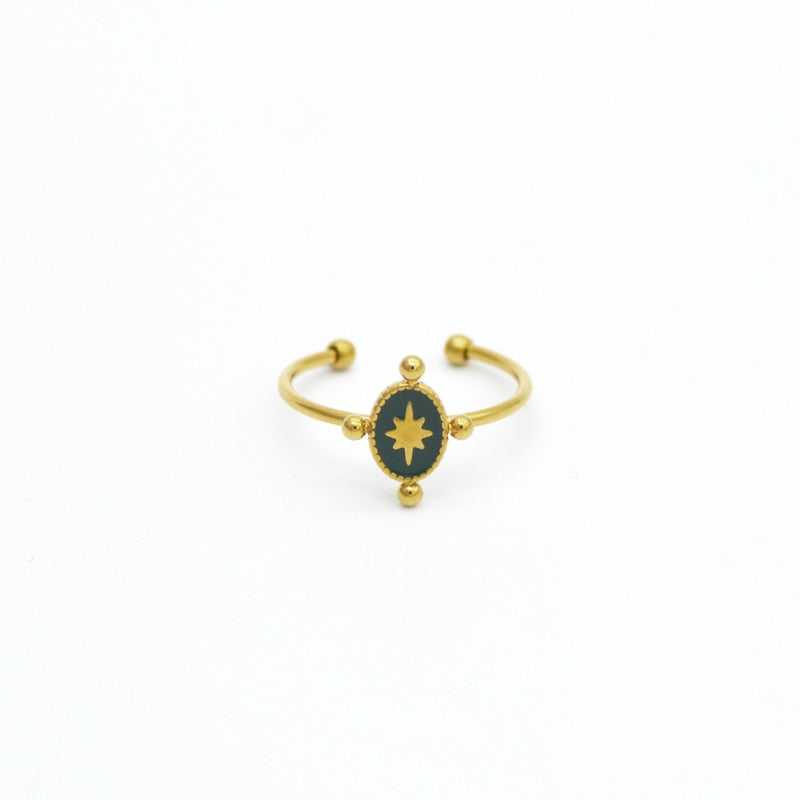 Stainless Steel Gold Plated Geometric Open Rings For Women Vintage Green Enamel image 2