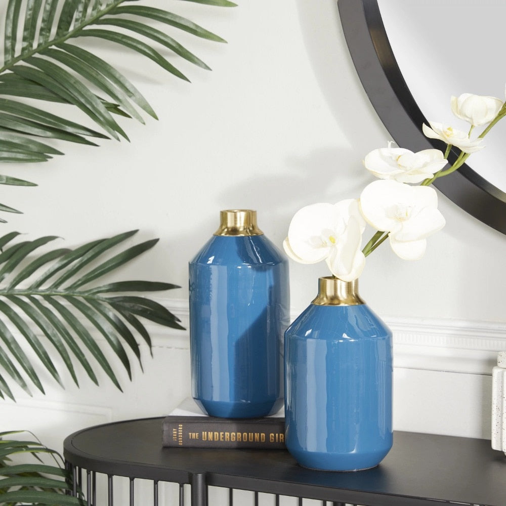 10” Decorative Items for Home and Decoration 8“H Blue Metal Vase With Gold Rims image 1