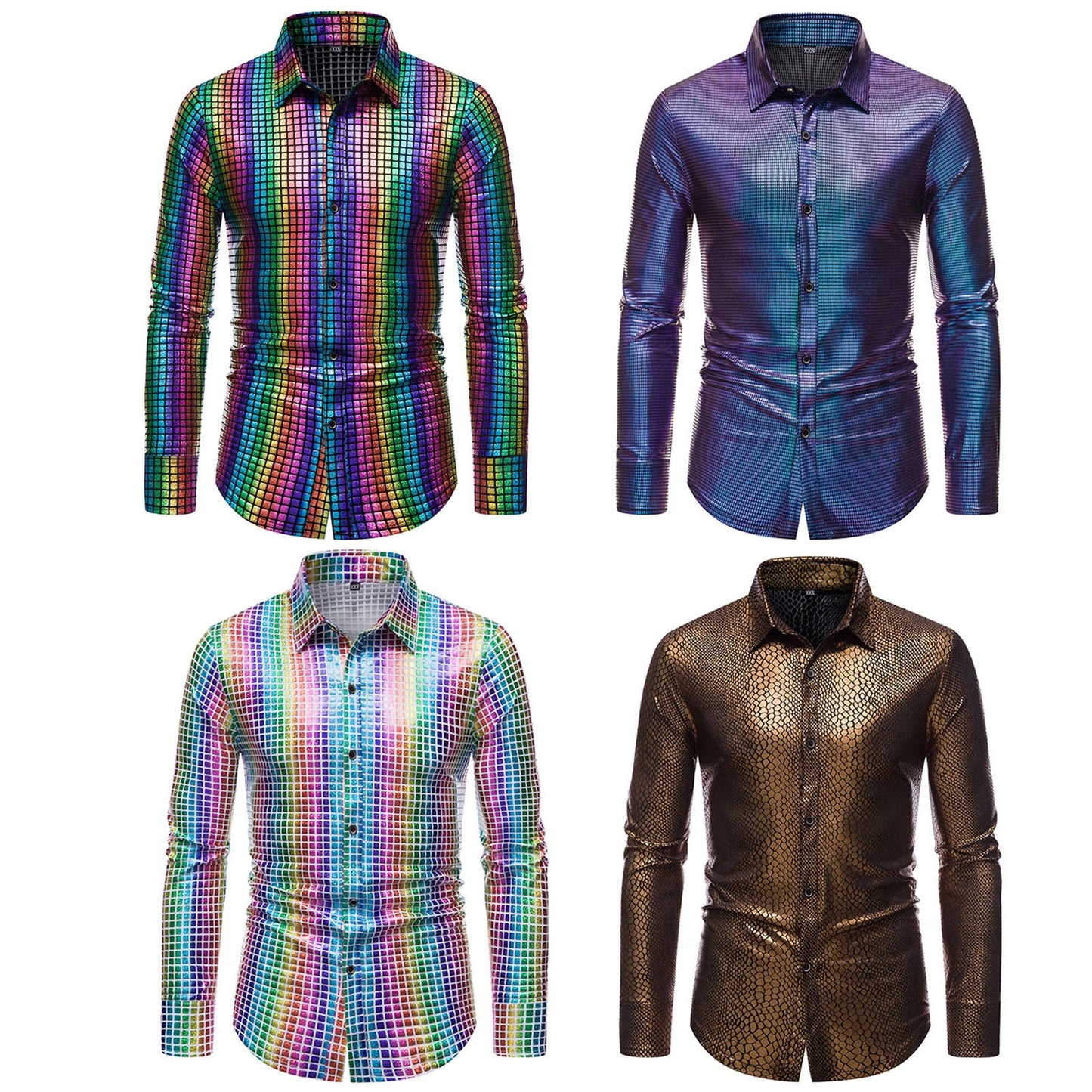 Rainbow Sequins Shirts For Mens 70s Disco Party Costume Gold Silver Multicolour image 4