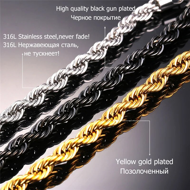 U7 Thick Stainless Steel Twisted Rope Chain Necklace For Men Gold Color Hippie image 4