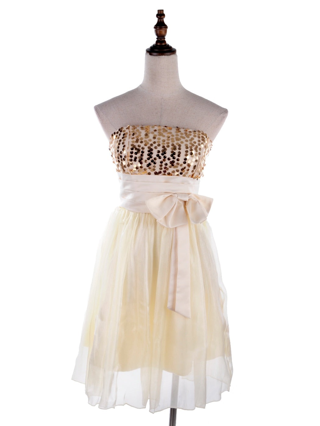 Womens Yellow Gold Sequin High Waisted Bow Strapless Tube Top Dress Dinner image 1