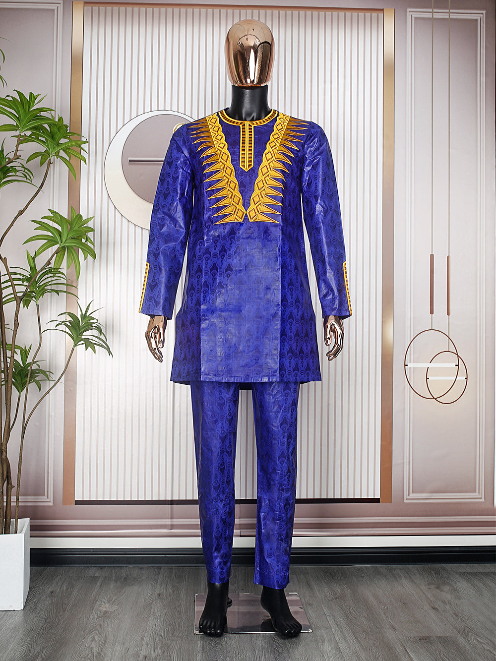 H&D New African Clothes for Men Tradition Clothing Embroidery Blue 2 Pcs Set To image 2