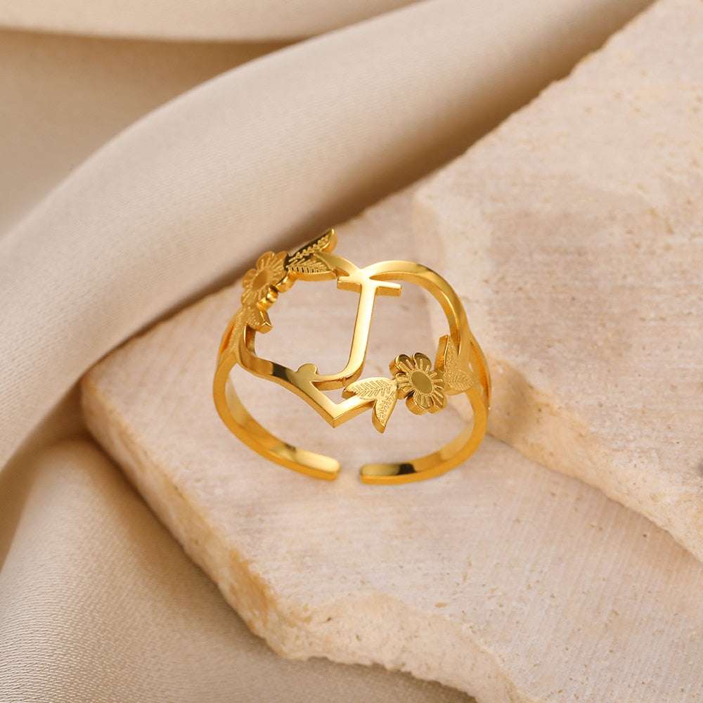 Stainless Steel Initials Flower Heart Rings Gold Color Adjustable Delicate Lett image 8