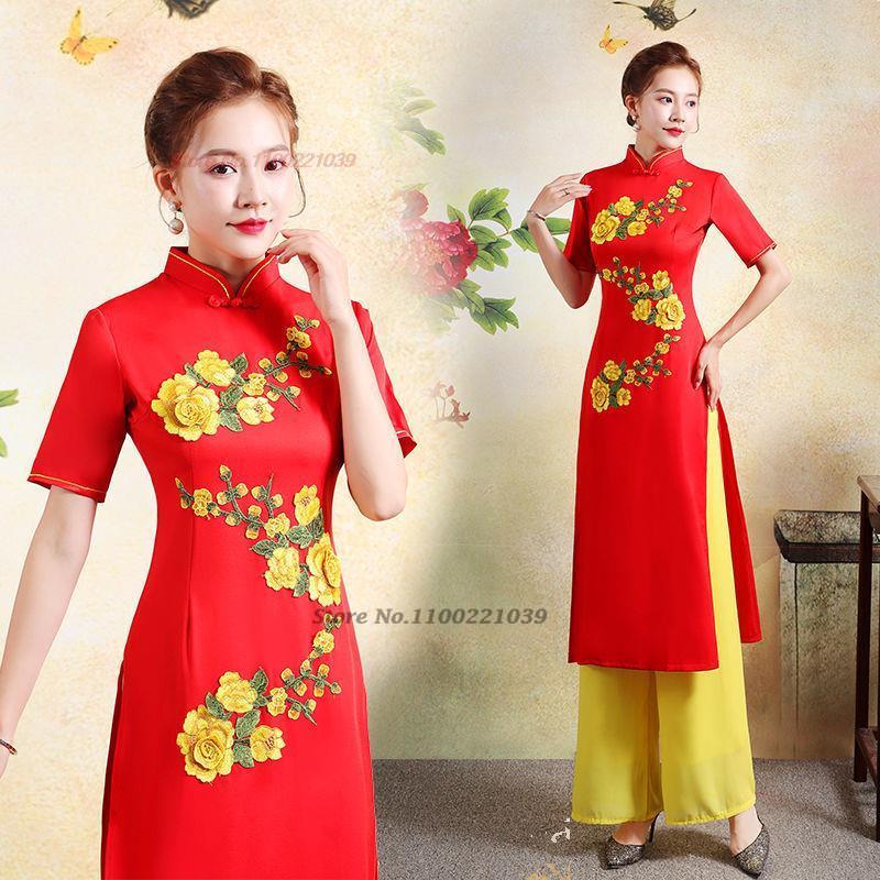 2024 traditional qipao dress cheongsam aodai vietnam aodai dress+pants set vint image 4