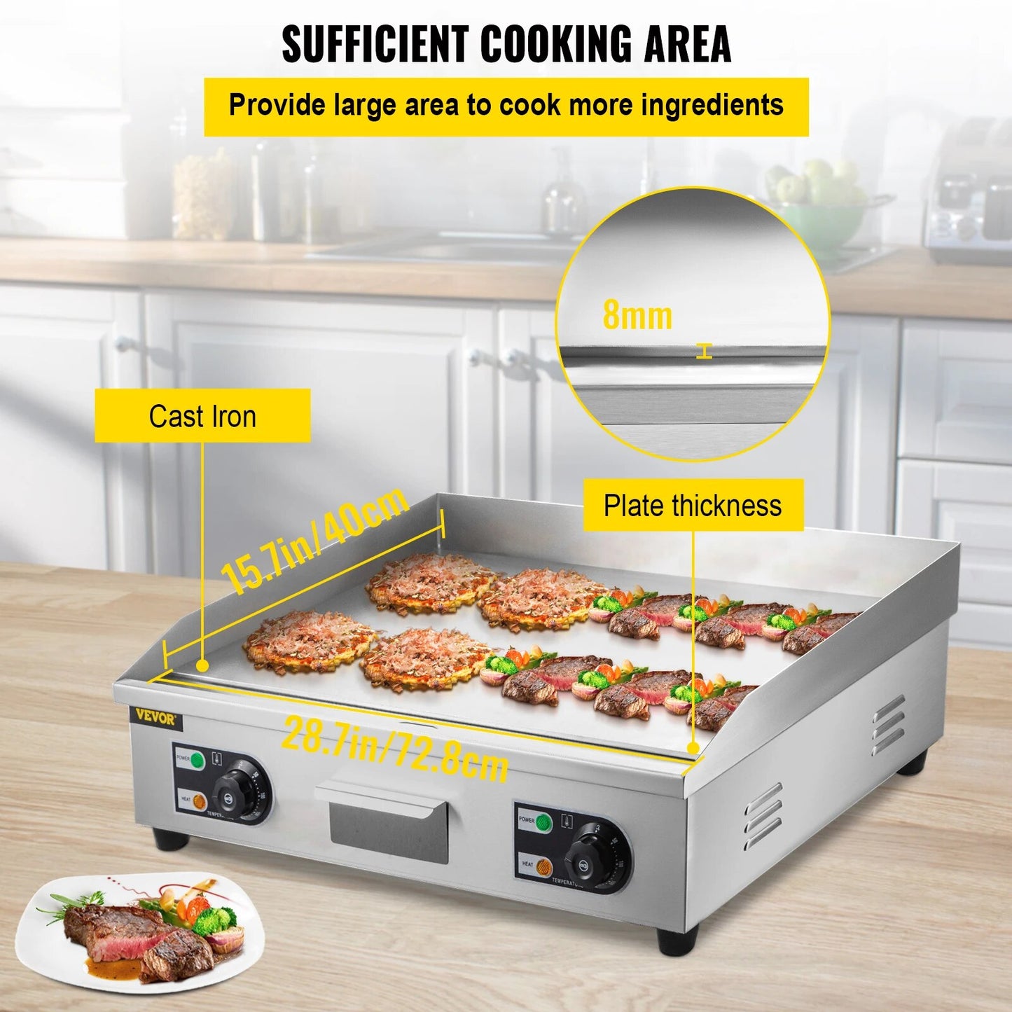 VEVOR Electric Countertop Griddle with Drawer Stainless Steel Flat Top Grill Ba image 5