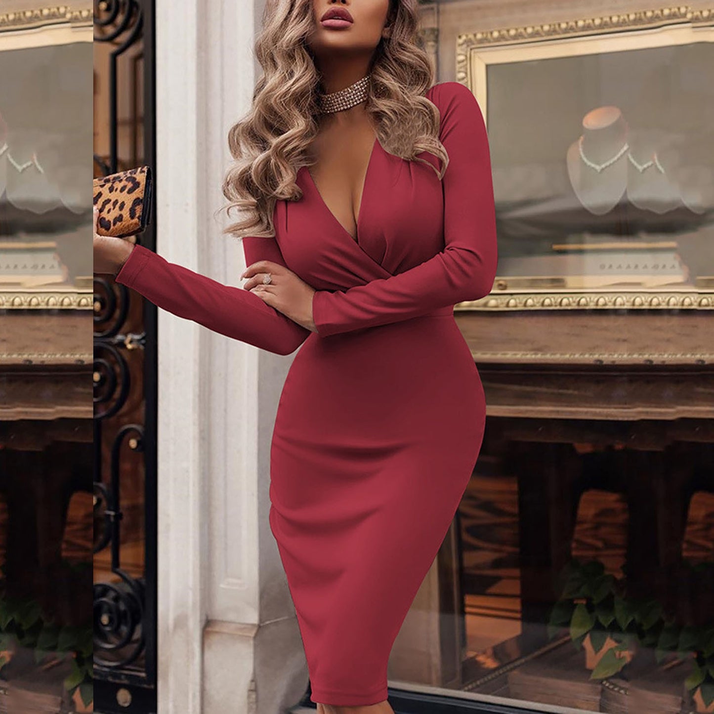 Elegant Women Bodycon White Dresses Sexy Deep V Neck Pleated Long Bag Hip Dress image 2