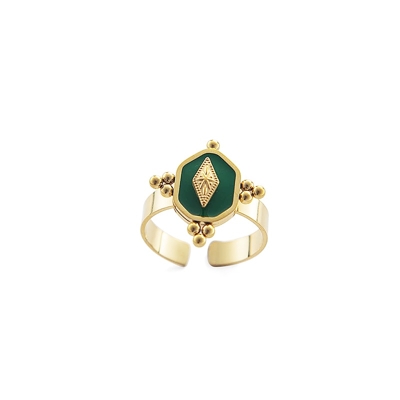 Stainless Steel Gold Plated Geometric Open Rings For Women Vintage Green Enamel image 3
