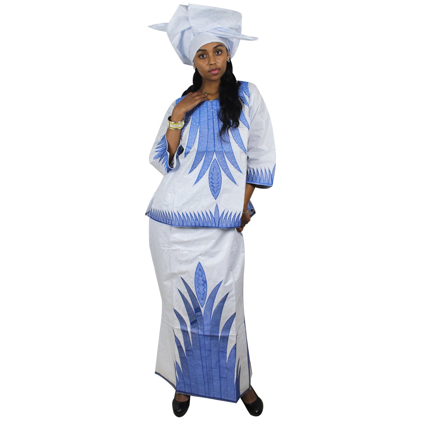 African Dresses For Women 3/4 Sleeve Top With Wrapper And Scarf 3pieces One Set image 0