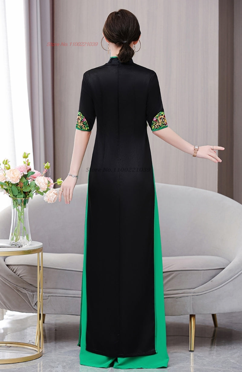 2024 vietnam traditional aodai dress+pants set national flower embroidery impro image 4