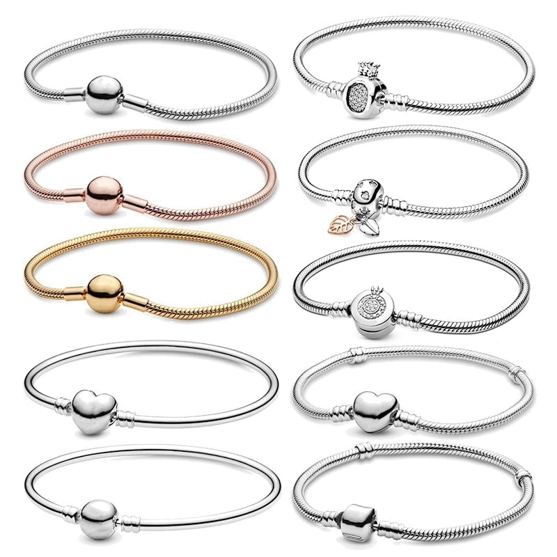 Fashionable 925 Silver Plating Moments Gold Round Clasp Snake Chain Bracelet Fi image 1