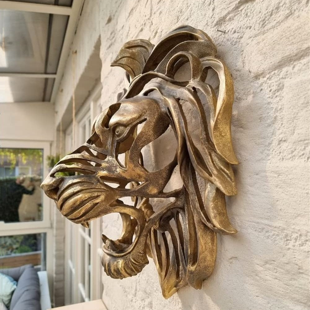 Rare Find Large Lion Head Wall Mounted Art Sculpture Gold Resin Lion Head Art W image 8