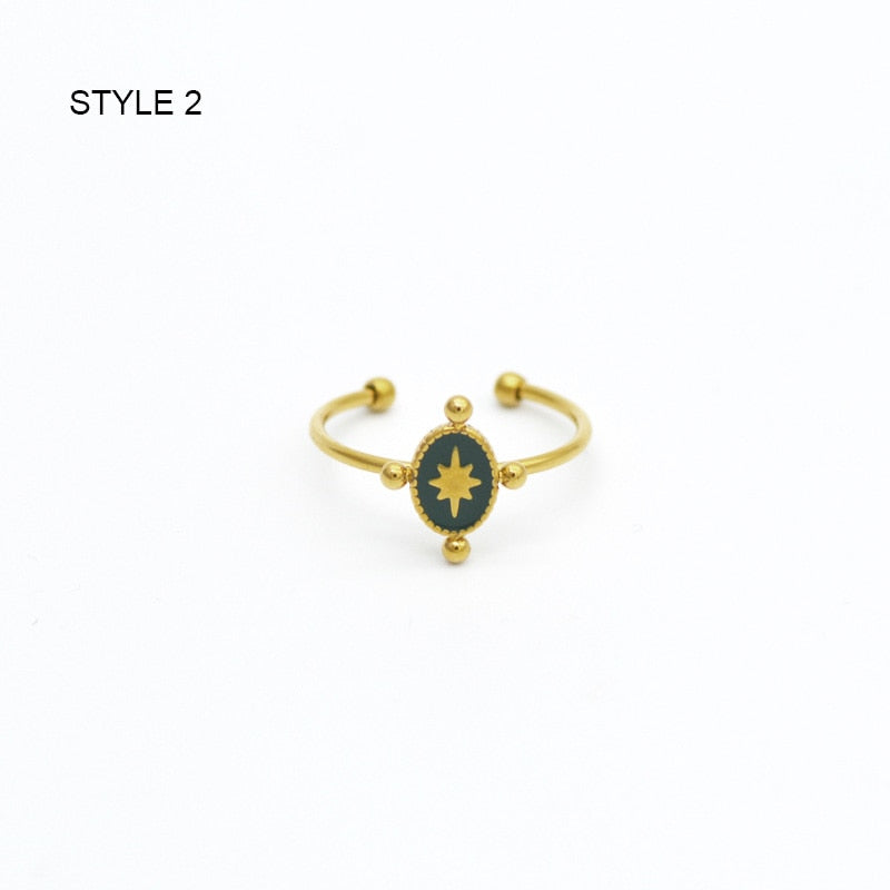 Stainless Steel Gold Plated Geometric Open Rings For Women Vintage Green Enamel image 6