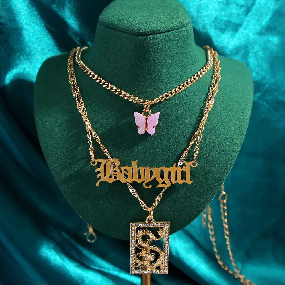 New Multi Layer Butterfly Dragon Charms Crystal Necklaces For Women Punk Golden image 12