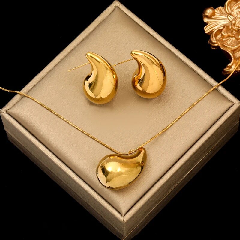EILIECK 316L Stainless Steel Gold Color Water Drops Necklace Earrings Trendy Fo image 11