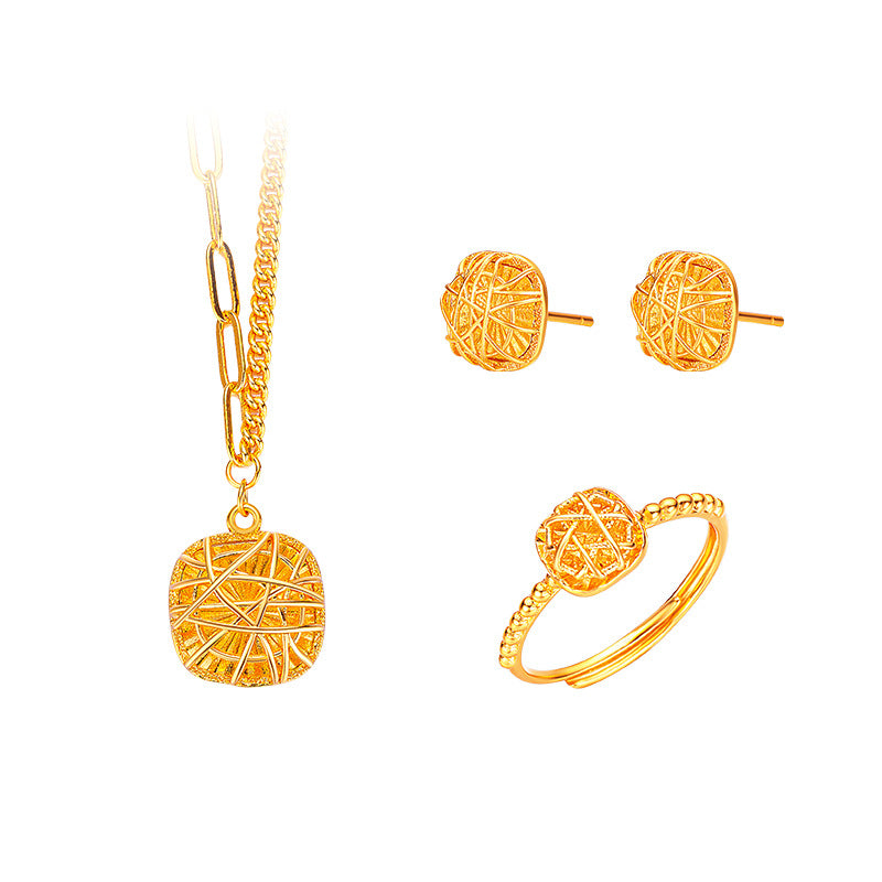 Real 18 K Gold Color Brushed Sugar Necklace Ring Earrings for Women Birthday We image 0