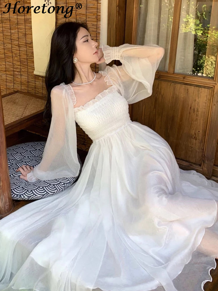 Horetong Elegant Maxi Dresses For Women White Off Shoulder Puff Long Sleeve Ela image 4