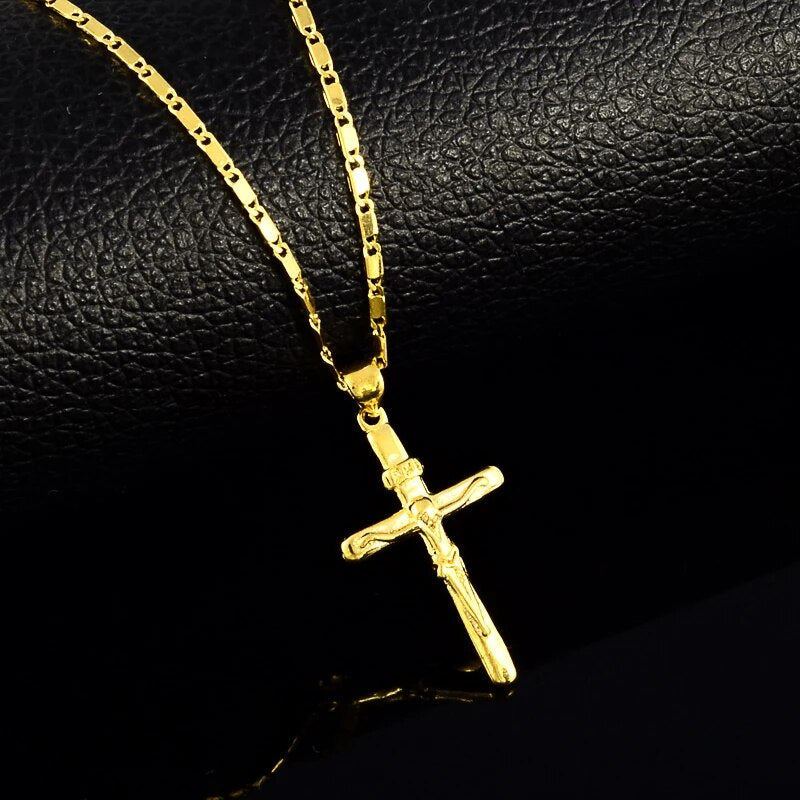 New 24K Gold Necklace Cross Pendant Gold Plated Necklace Men's & Women's Jewelr image 2