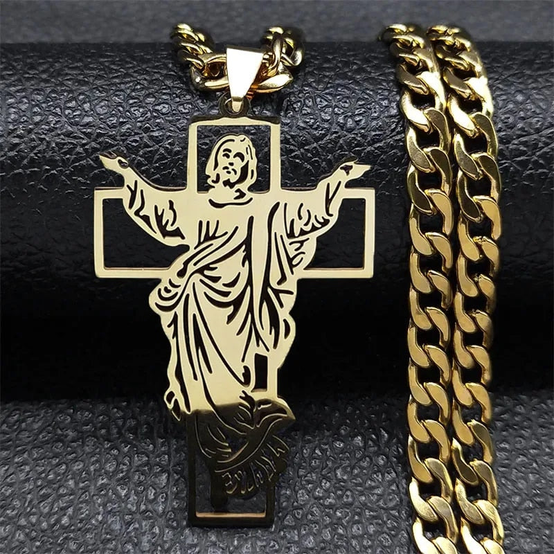 Hip Hop Punk Crown of Thorns Jesus Cross Necklace for Men Stainless Steel Gold image 6