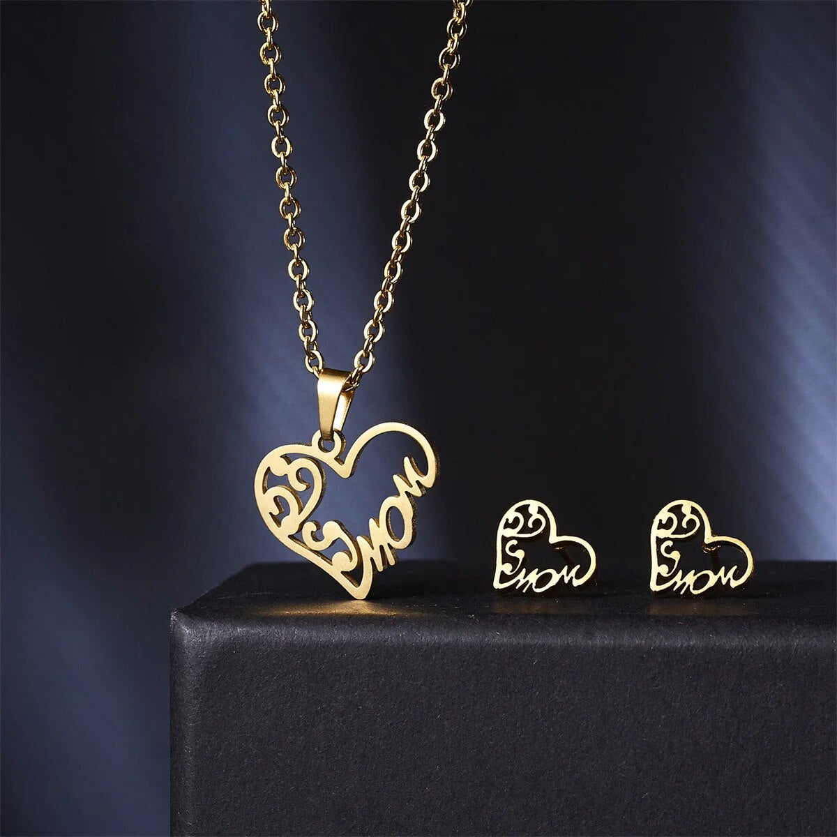 Stainless Steel Gold Color I Love MAMA Letter Necklace Earrings Set For Women H image 7