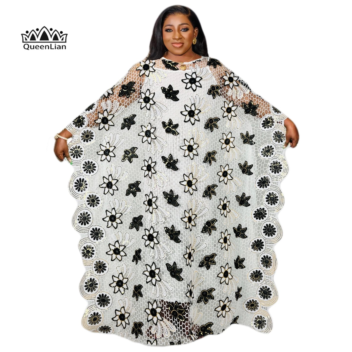 PLus size Elegant Kaftan Dress Women's Sequin Floral Patterned bat Sleeve Round image 5
