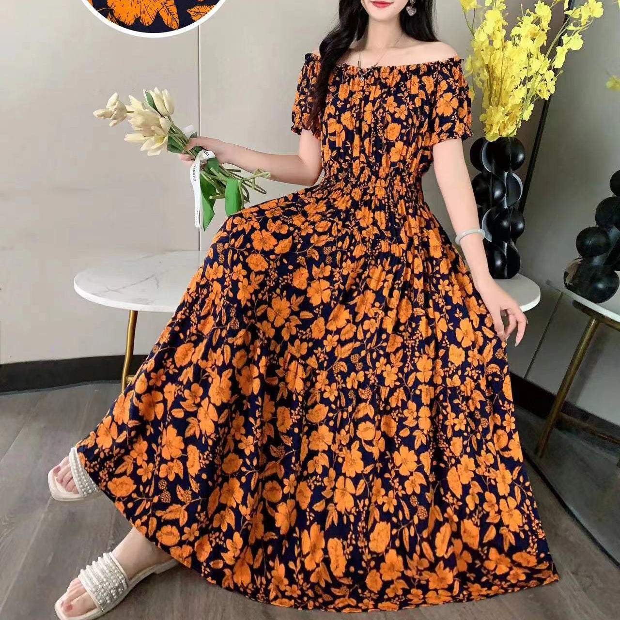 Bohemian Summer Trendy New Elegant Retro Vintage Midi Dress Large Swing Print E image 13