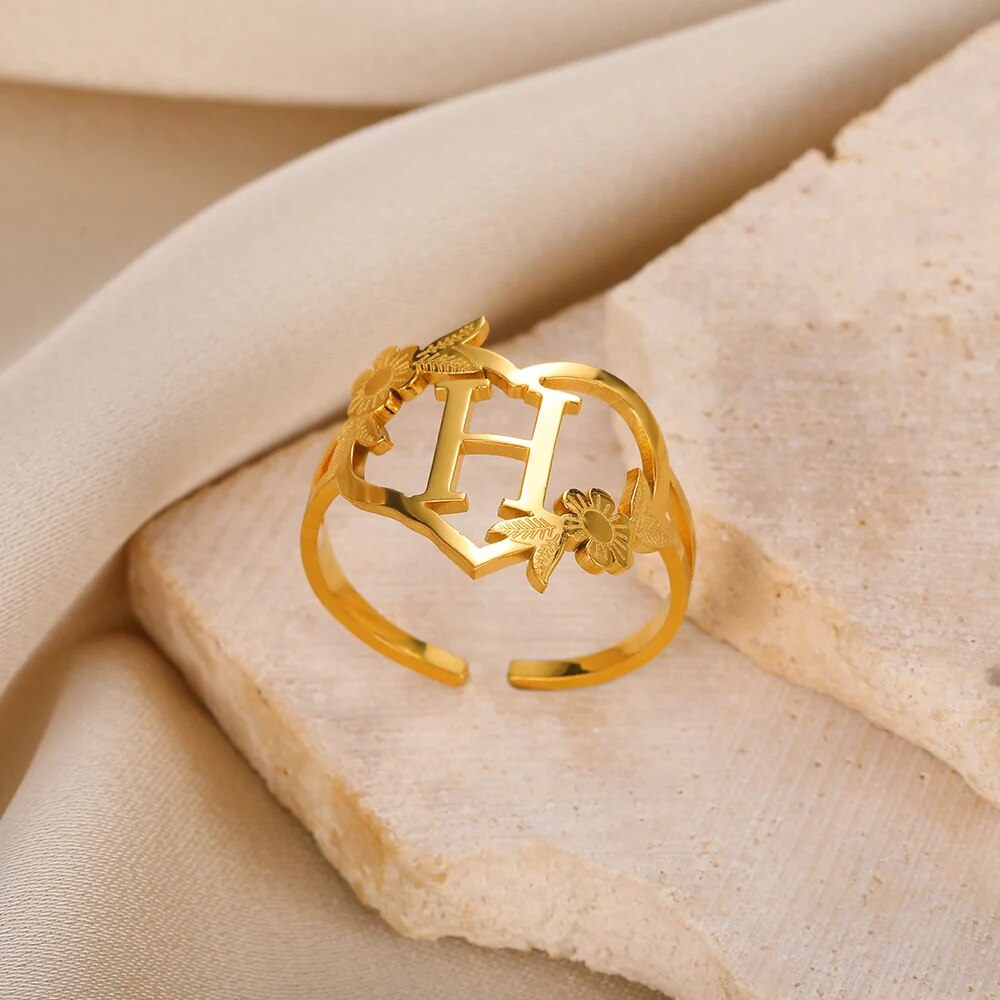Stainless Steel Initials Flower Heart Rings Gold Color Adjustable Delicate Lett image 3