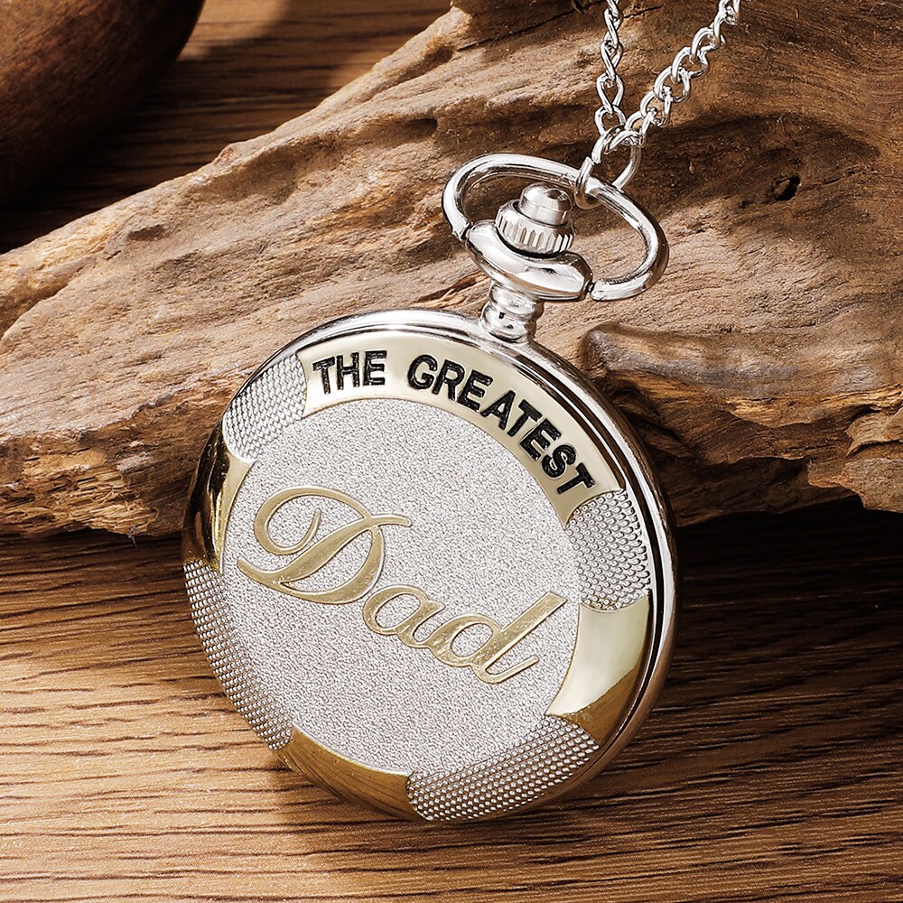 Vintage Silver Golden Luxury THE GREATEST DAD Quartz Pocket Watch Fob Chain Nec image 6