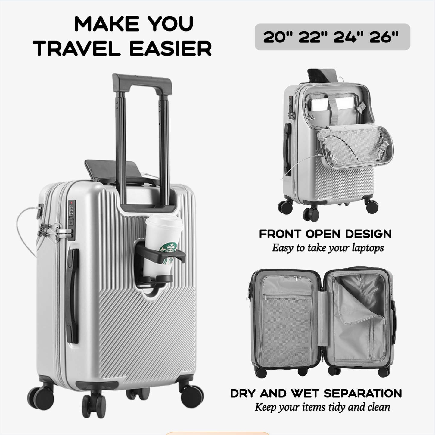 2024 New Durable Luggage Sets Suitcase Front Open TSA Lock USB Slient Spinner W image 3
