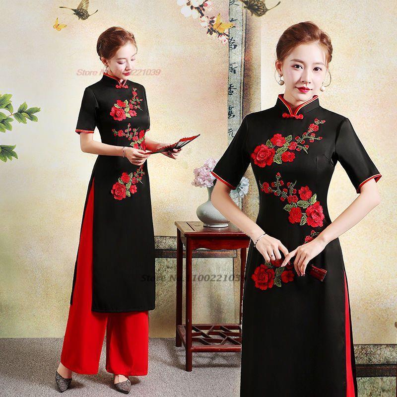 2024 traditional qipao dress cheongsam aodai vietnam aodai dress+pants set vint image 3