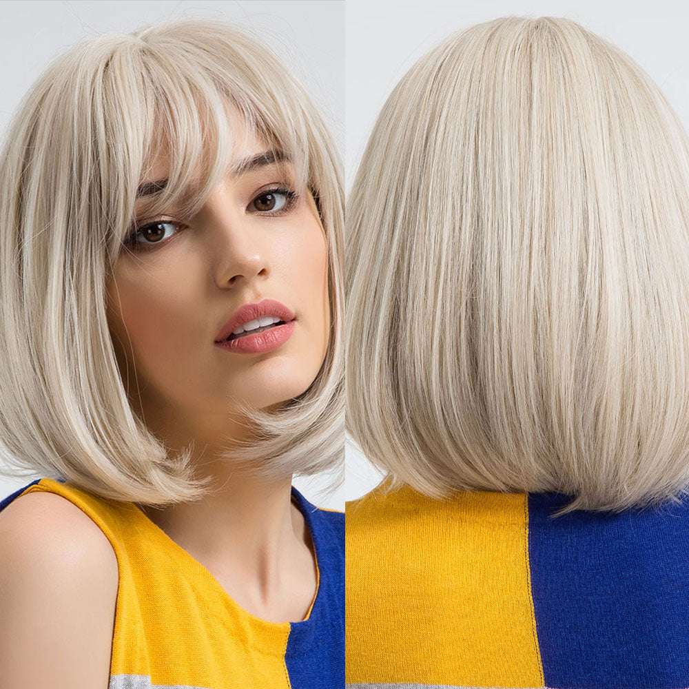Short Straight Bob Wigs with Bangs Golden Brown Natural Synthetic Hair for Wome image 5
