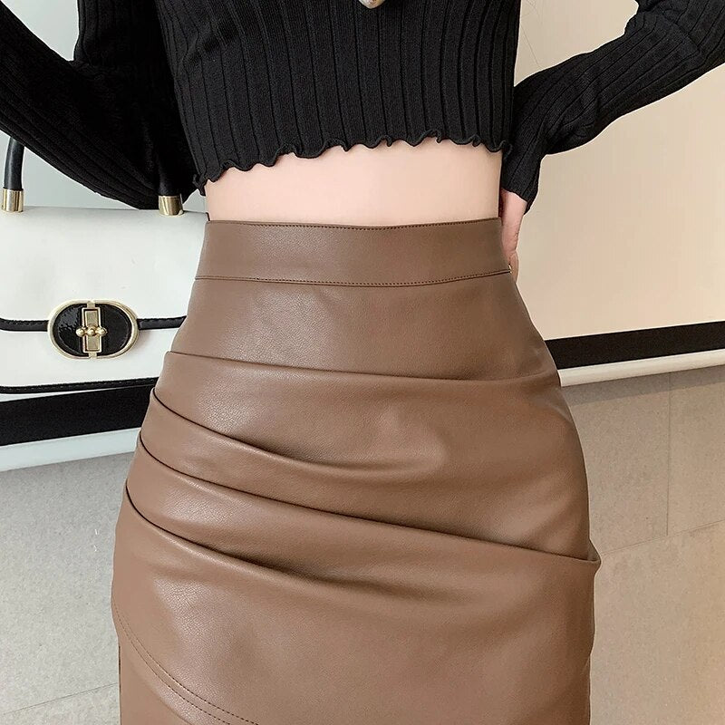 High Waist Slim Leather Mini Skirt For Women 2023 Autumn Casual Cute Irregular image 5