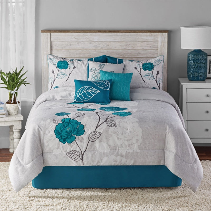 Mainstays 7-Piece Embroidered Teal Roses Bed in a Bag Comforter Bedding Set image 5