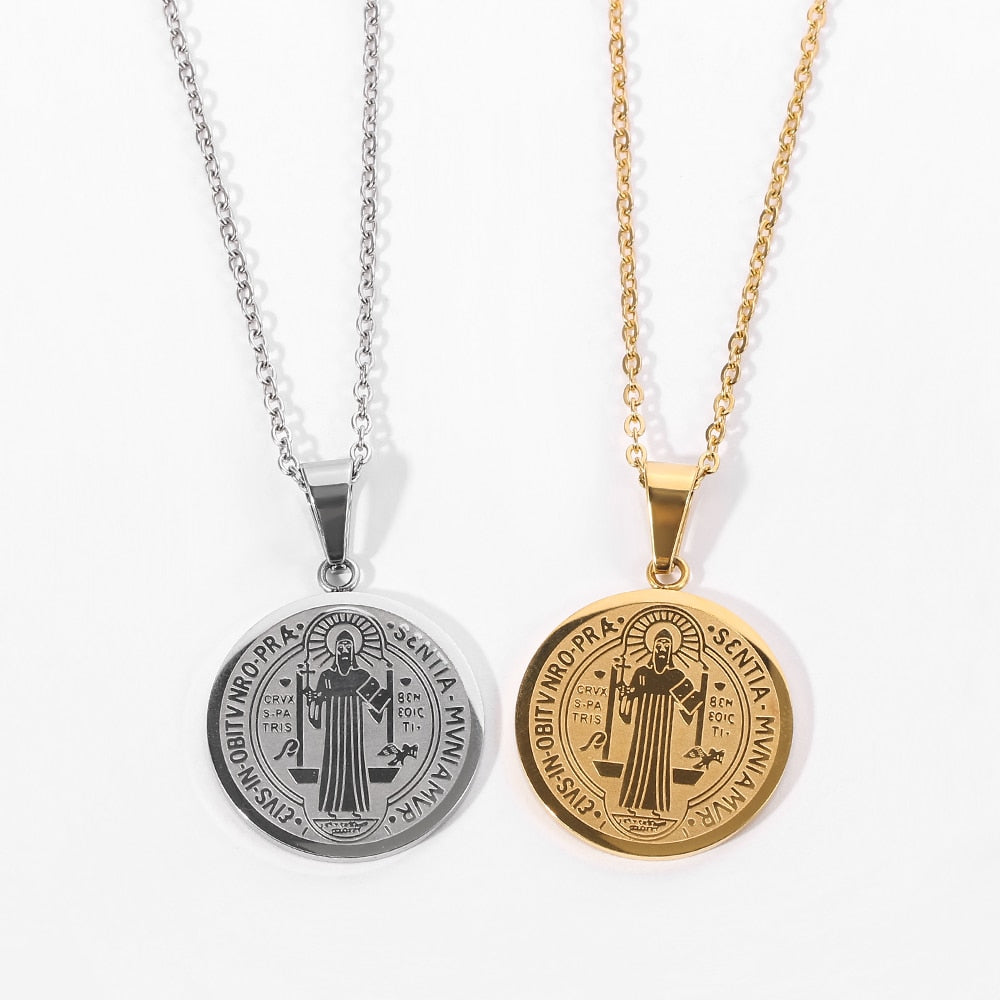 Catholic Saint Benedict Medallion Pendant Necklace for Women Men Gold Silver image 1
