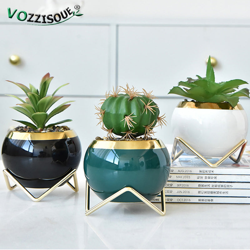 Nordic INS Style Luxury Gilded Ceramic Small Flowerpot with Golden Bracket Crea image 18